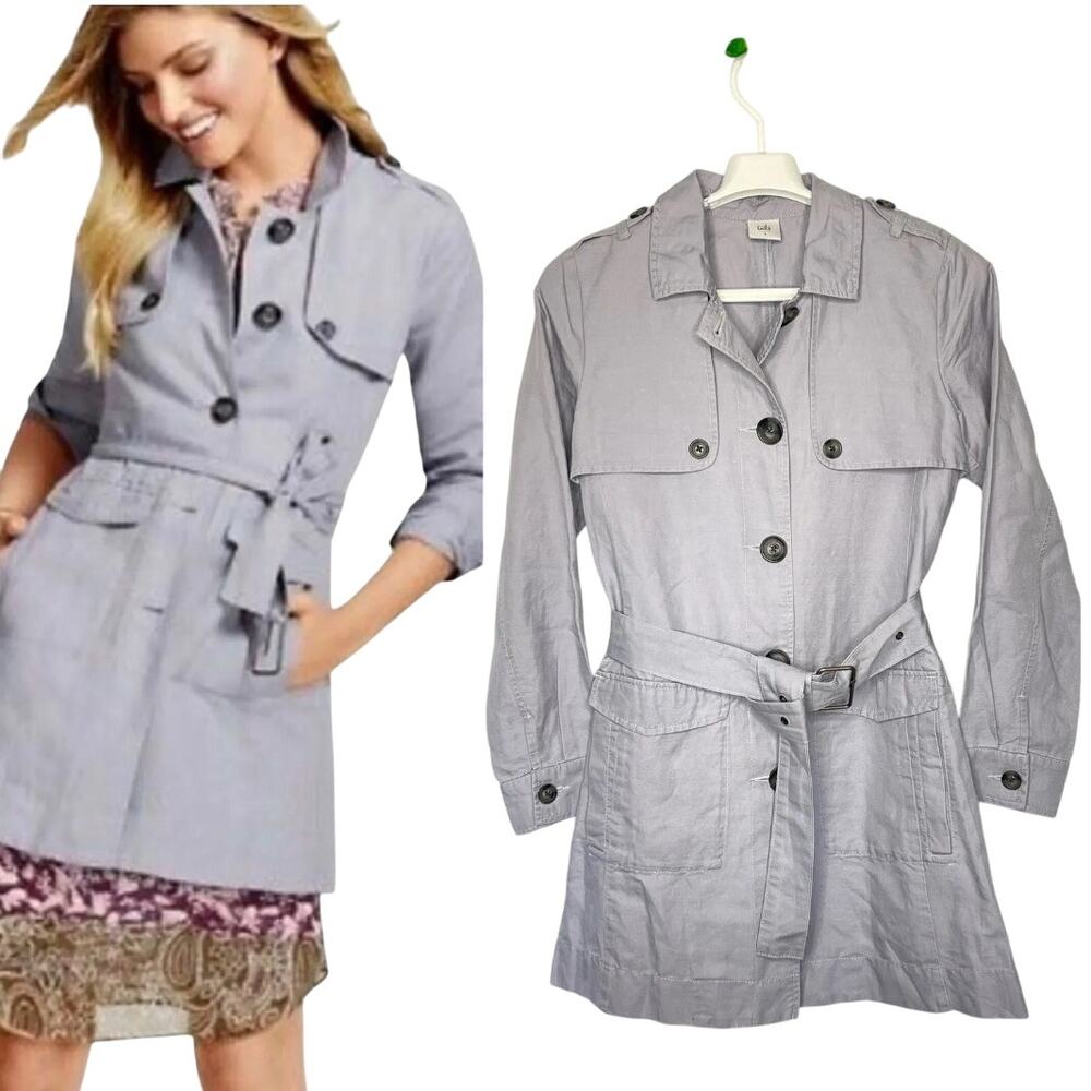 Cabi Tanner Trench Coat Linen Cotton Blend in Silver Lake Size Small